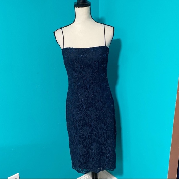 JS Collections 8 Navy Blue Lace Sequin Sheath Dress Bolero Crop Jacket 2 PC Set - Picture 2 of 9